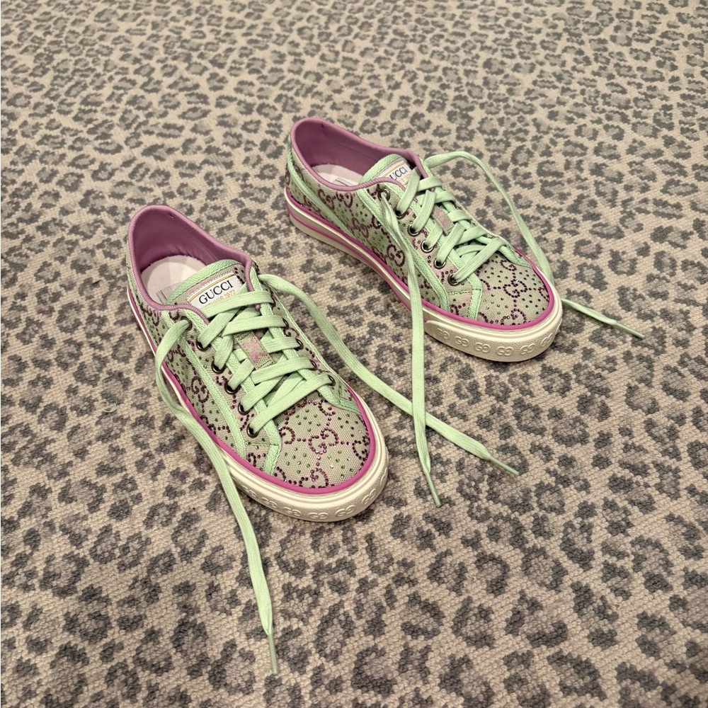 Gucci 1977 mint and purple crystal tennis shoe